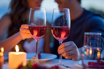Obraz premium Couple Cheerfully Tossing Wine Glasses at Dinner