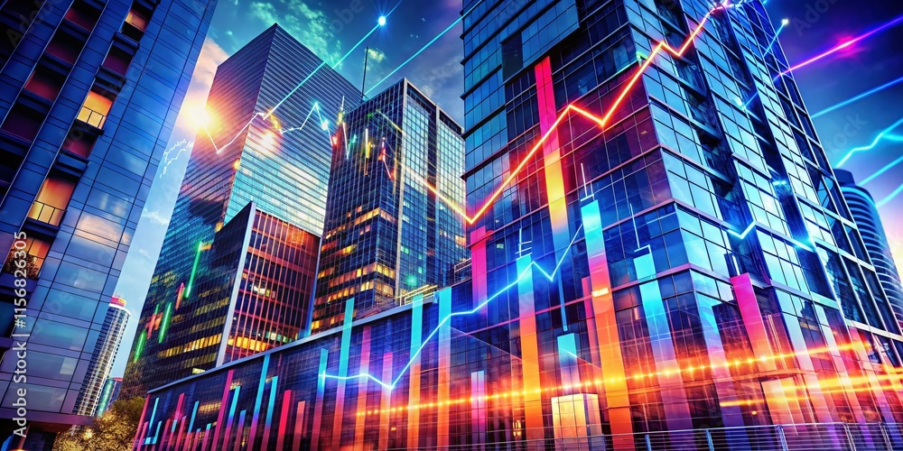 Poster abstract digital stock graph with glowing data points, futuristic architecture background