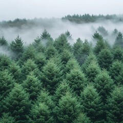 A misty landscape featuring a dense forest of fir trees. The fog creates a vintage and tranquil atmosphere, evoking a sense of serenity.