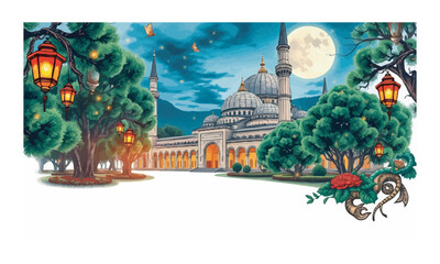 Enchanted Mosque at Night, Illuminated by Lanterns