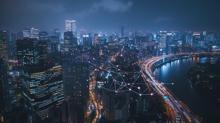 Obraz premium Smart digital Innovation city with connection network reciprocity over the cityscape. of future smart wireless city and social media networking systems that connects business people with in city