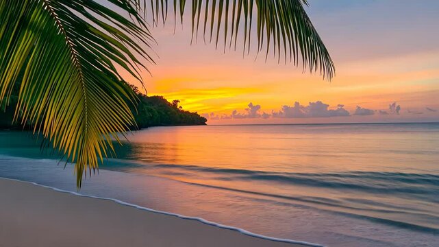 breathtaking beauty of a tropical beach at sunset. The sky is painted with vibrant colors as the calm ocean gently laps against the shore, framed by palm trees