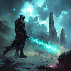 Powerful Warrior Wielding Glowing Sword Amid Dramatic Stormy Landscape