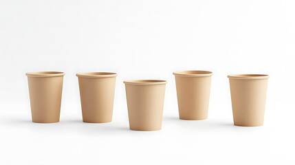 Five Neat Kraft Paper Cups Mockup: Clean Studio Photo. AI Generated