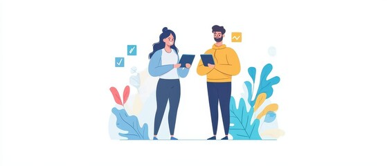 Naklejka premium Two consultants analyzing market trends, data charts, and reports, professional strategy focus