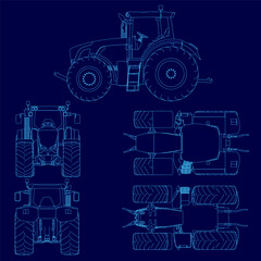 The image is a blue drawing of a tractor. The drawing is of a tractor with a blue outline. The tractor is shown from different angles, with the front, back © German Ovchinnikov