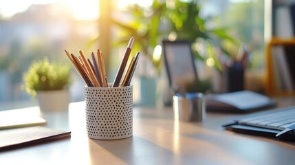 Bright office with an empty pen holder