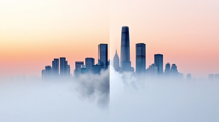 Fototapeta premium City skyline emerging from fog at sunrise.