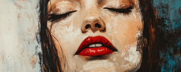 Close Up woman's portrait with closed eye and red lips