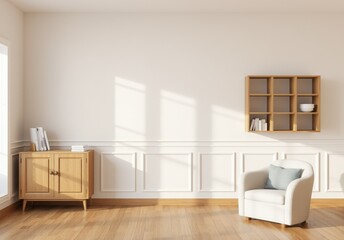 Fototapeta premium Interior with wooden cabinet and armchair 3d rendering