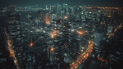 Smart digital Innovation city with connection network reciprocity over the cityscape. of future smart wireless city and social media networking systems that connects business people with in city
