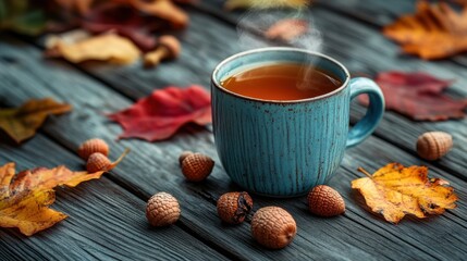 Close-up of acorns and colorful leaves scattered on a rustic wooden table, evoking a cozy atmosphere. A steaming cup of tea surrounded by autumn foliage, capturing comfort and warmth of the season.