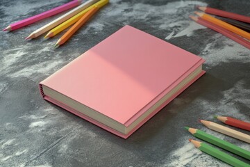A plain pink notebook for a children's book mockup. Notebook surrounded by colored pencils