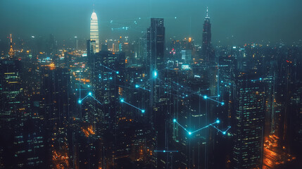 Smart digital Innovation city with connection network reciprocity over the cityscape. of future smart wireless city and social media networking systems that connects business people with in city