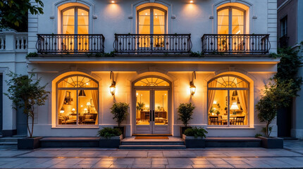 Mini Hotel Facade with Arched Windows and Wrought Iron Balconies Illuminated at Twilight