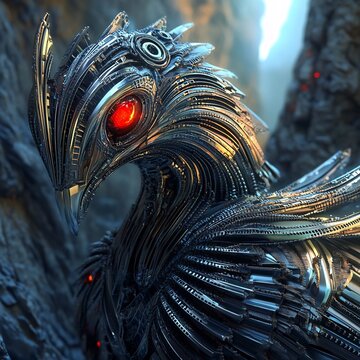 Striking Creature with Glowing Mechanical Eye in Surreal Moody Environment