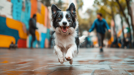 An enthusiastic Border collie performing tricks in an urban plaza