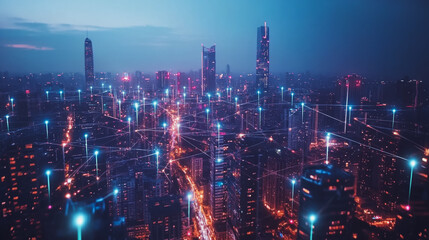 Fototapeta premium Smart digital Innovation city with connection network reciprocity over the cityscape. of future smart wireless city and social media networking systems that connects business people with in city