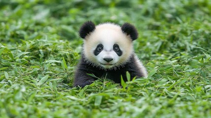 Obraz premium Adorable panda cub sitting in lush green bamboo.