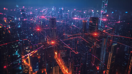 Smart digital Innovation city with connection network reciprocity over the cityscape. of future smart wireless city and social media networking systems that connects business people with in city