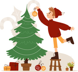 Illustration of a cheerful boy decorating a Christmas tree with ornaments, surrounded by gifts, in a festive setting. Boy Decorating Christmas Tree with Ornaments