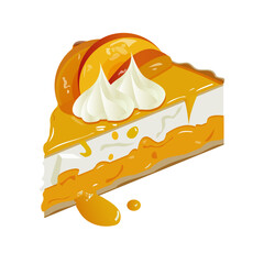 Peach cake. Sweet dessert. Peach. Fruits with cream. A piece of cake. A quarter of a cake. Fruit filling. Vector illustration