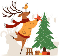 Festive Reindeer Decorating Christmas Tree. Illustration of a cheerful reindeer in a scarf and sweater placing a star on a Christmas tree, with gifts below.