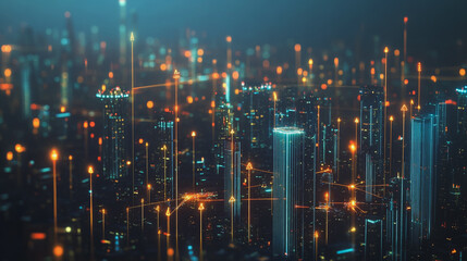 Smart digital Innovation city with connection network reciprocity over the cityscape. of future smart wireless city and social media networking systems that connects business people with in city