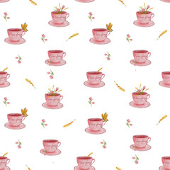 Seamless Watercolor Pattern with Pink Cups and Spring Flowers, Soft and Vibrant Spring Mood Design
