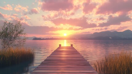 Fototapeta premium Serene Sunset Photo: Calm Lake, Wooden Dock, Wide Shot. AI Generated