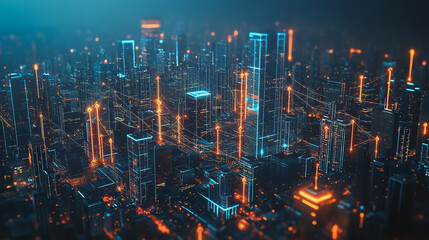 Fototapeta premium Smart digital Innovation city with connection network reciprocity over the cityscape. of future smart wireless city and social media networking systems that connects business people with in city