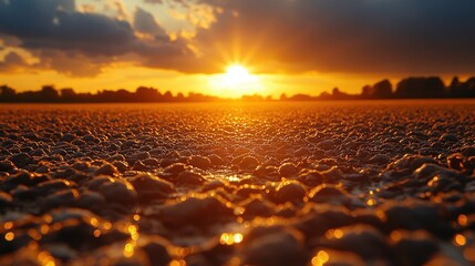 Obraz premium Beautiful Sunset Over a Wet Gravel Surface with Vibrant Colors and Dramatic Cloud Formation, Illuminating the Landscape in Warm Tones