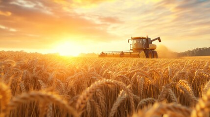 Fototapeta premium Golden Hour Harvest: A Combine Harvester Gathers Wheat at Sunset