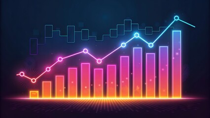 Fototapeta premium A vibrant, neon-colored bar graph with a line chart overlay, showcasing upward trends in data visualization against a dark background.