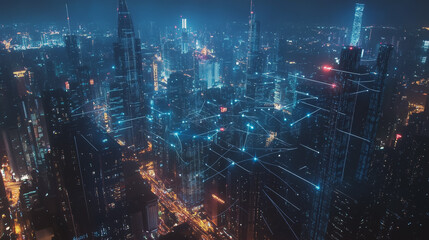 Fototapeta premium Smart digital Innovation city with connection network reciprocity over the cityscape. of future smart wireless city and social media networking systems that connects business people with in city