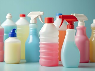 Various colorful plastic spray bottles for cleaning products stand against a light blue background.