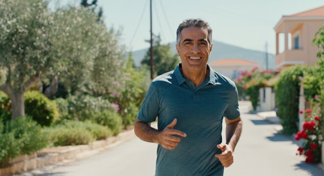 Middle-aged middle-eastern man jogging on a sunny day in mediterranean suburban neighborhood