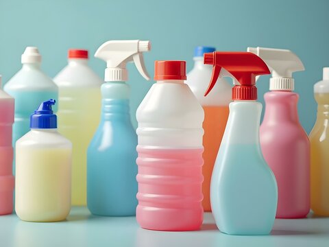 Various colorful plastic spray bottles for cleaning products stand against a light blue background. - Powered by Adobe