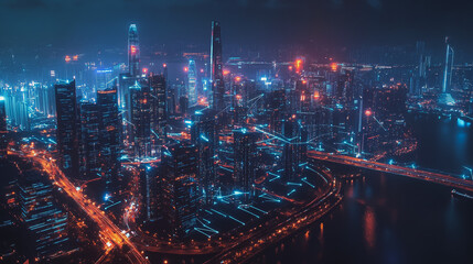 Fototapeta premium Smart digital Innovation city with connection network reciprocity over the cityscape. of future smart wireless city and social media networking systems that connects business people with in city