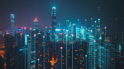 Smart digital Innovation city with connection network reciprocity over the cityscape. of future smart wireless city and social media networking systems that connects business people with in city