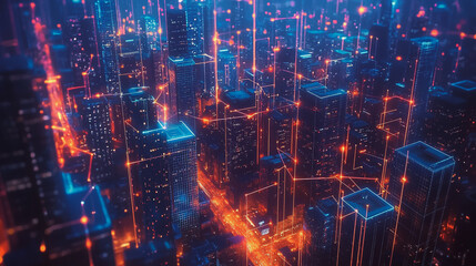 Obraz premium Smart digital Innovation city with connection network reciprocity over the cityscape. of future smart wireless city and social media networking systems that connects business people with in city