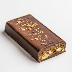 Rectangular chocolate bar with kunafa and nuts on a white background