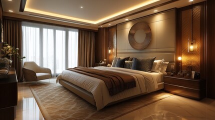 Elegant modern bedroom design with comfortable furniture and exquisite decorations.