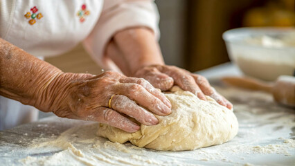 Fototapeta premium The hands of an elderly woman kneading bread dough. The photo conveys the warmth, skill and tradition of baking. Close up.