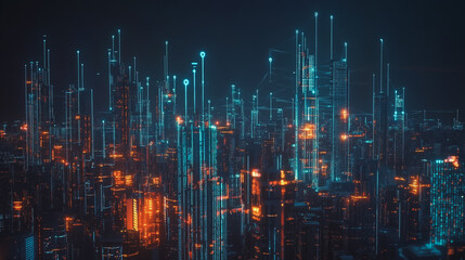 Fototapeta premium Smart digital Innovation city with connection network reciprocity over the cityscape. of future smart wireless city and social media networking systems that connects business people with in city