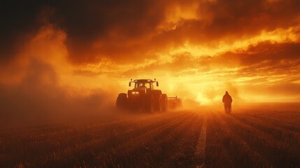 Fototapeta premium Majestic Sunset Over Agricultural Field with Tractor and Farmer Walking, Evoking a Serene and Productive Rural Landscape