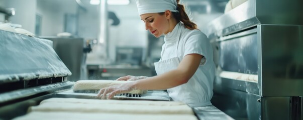 Female baker preparing dough with industrial roller machine