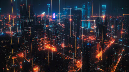 Fototapeta premium Smart digital Innovation city with connection network reciprocity over the cityscape. of future smart wireless city and social media networking systems that connects business people with in city