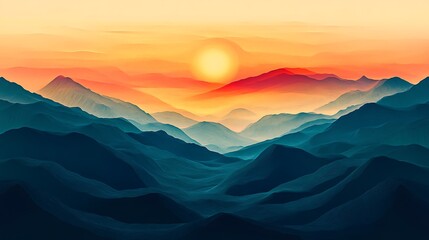 Obraz premium Stunning Digital Painting: Serene Sunset Over Majestic Mountains. AI Generated