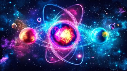 Captivating Cosmic Composition Vibrant Galactic Atoms and Shimmering Celestial Spheres